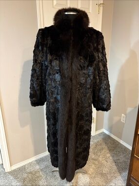 Women's Black Long Mink  Fur Coat  with Fox Fur trim - Full-Length 15A